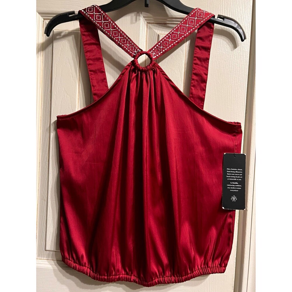 La Rambla NWT Women’s L Red Satin Blouson Halter Top Silver Embroidered Straps